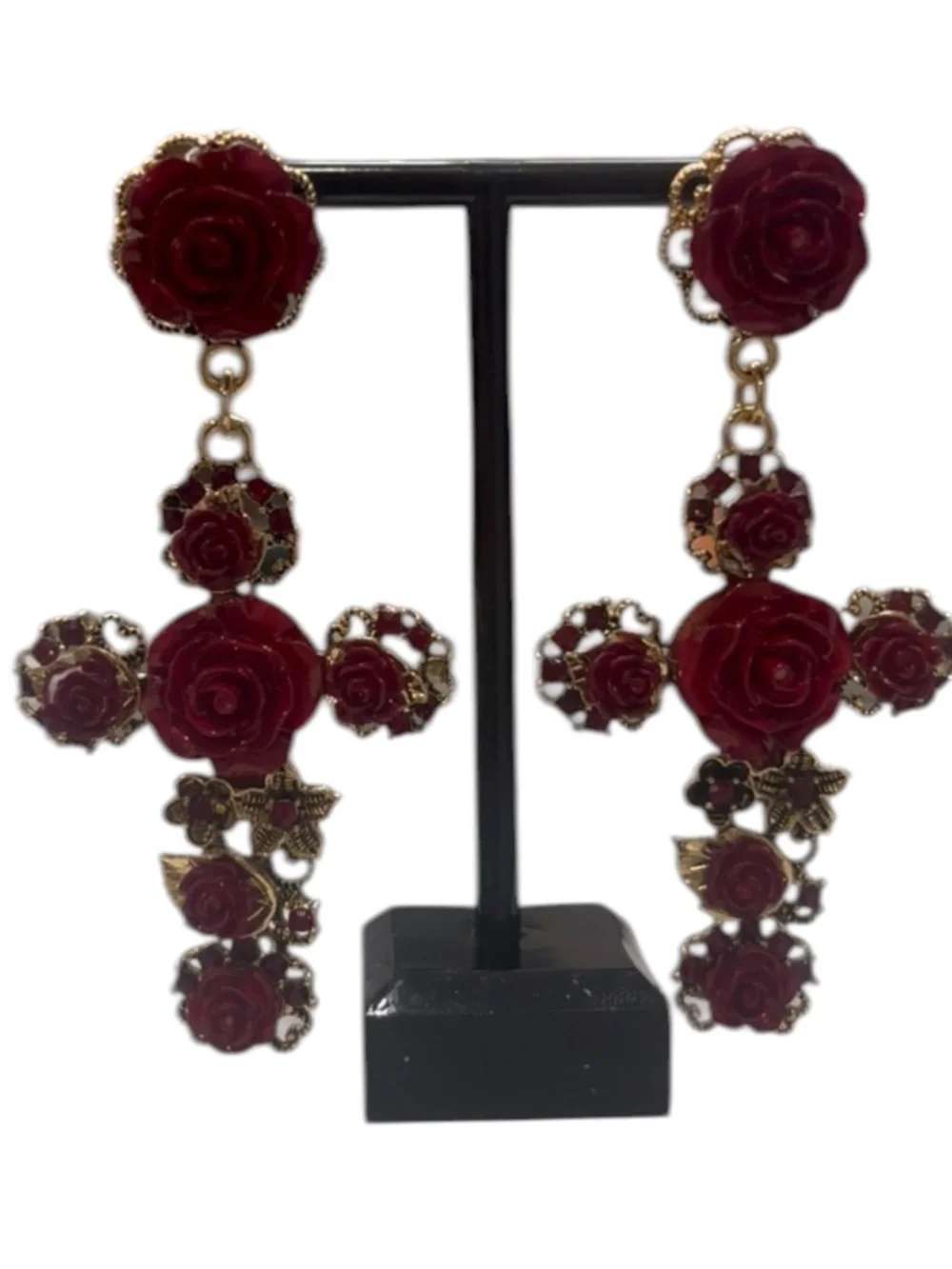 Victorian Gothic Rose Cross Earrings Red Gold Baroque Vampire NWT